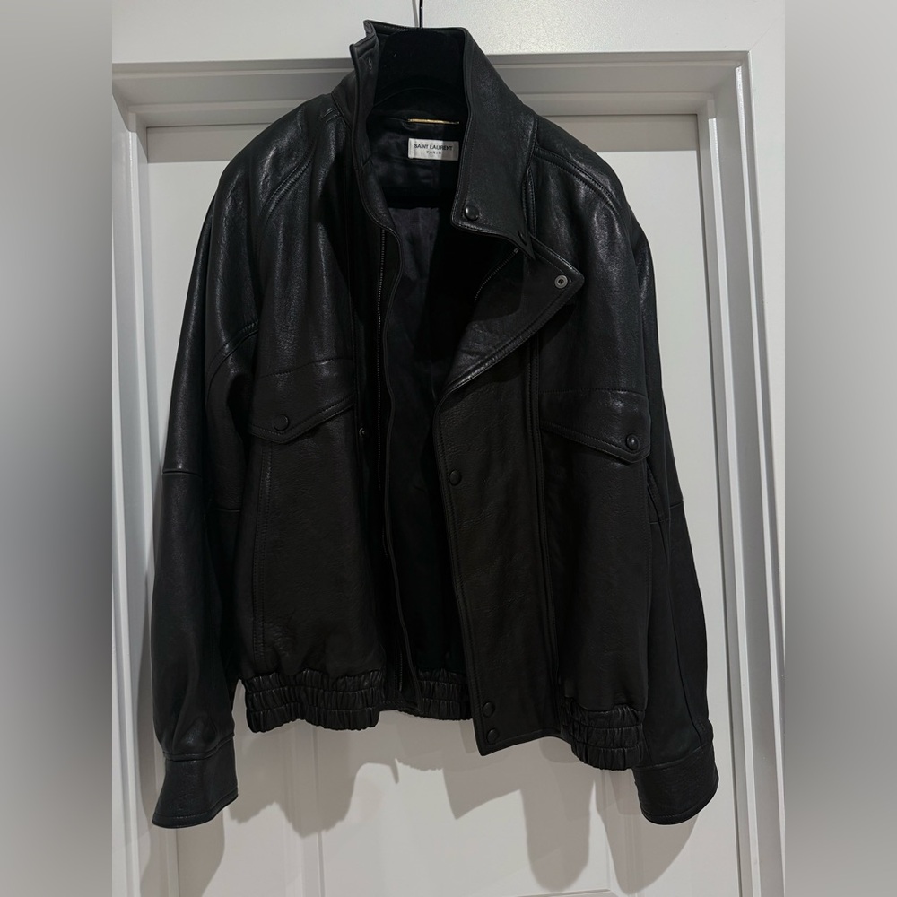 SAINT LAURENT Leather Jacket Stand Collar Runway Black Leather Bomber 2025 - Picture 9 of 17